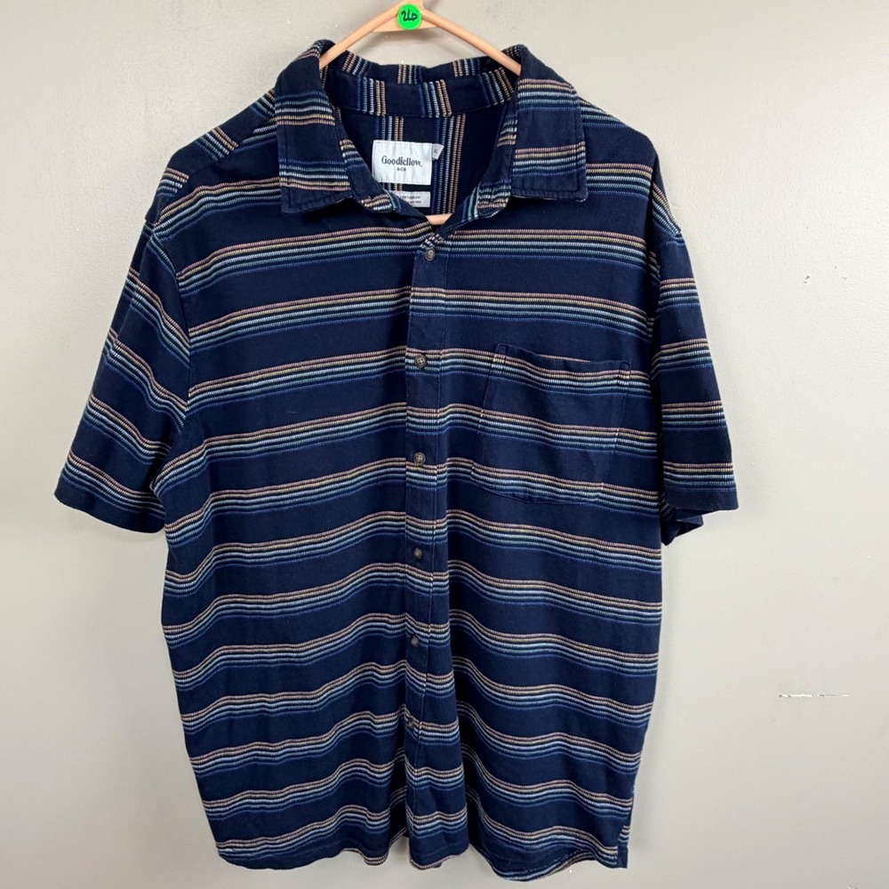Goodfellow & Co Button Down Men XL Navy Blue Multi-Color Horizontal Stripe Shirt